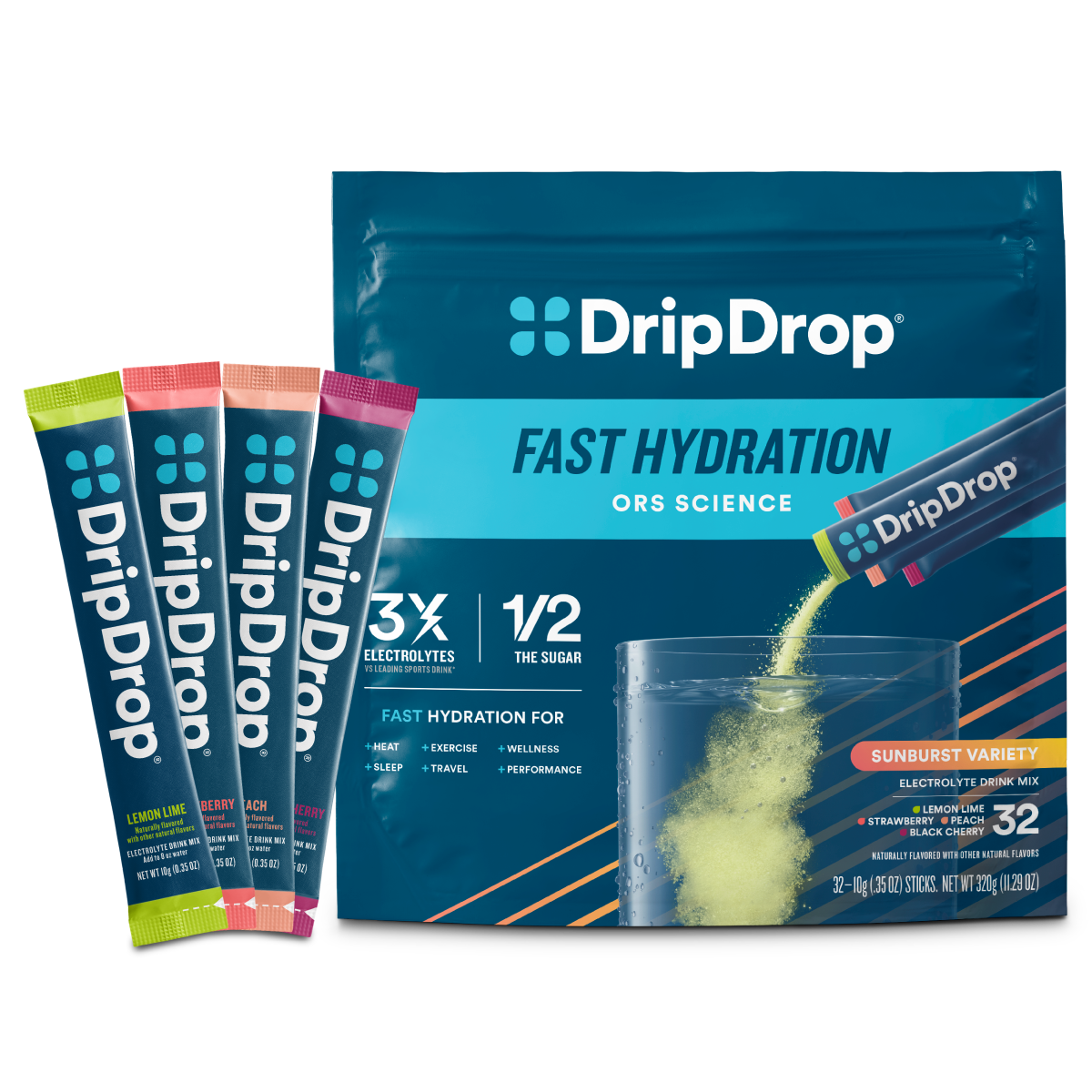 DripDrop Single Serve Electrolytes Powder Drink Mix 32 Sticks