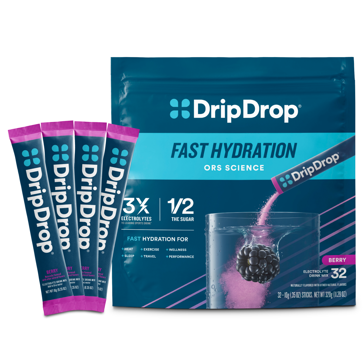DripDrop Single Serve Electrolytes Powder Drink Mix 32 Sticks